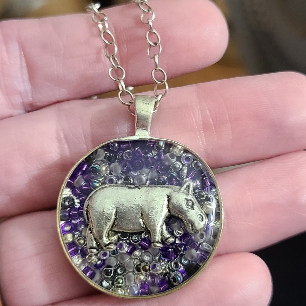 925 Sterling Hippo Necklace Resin Beads Charm 925 Chain 20" Purple